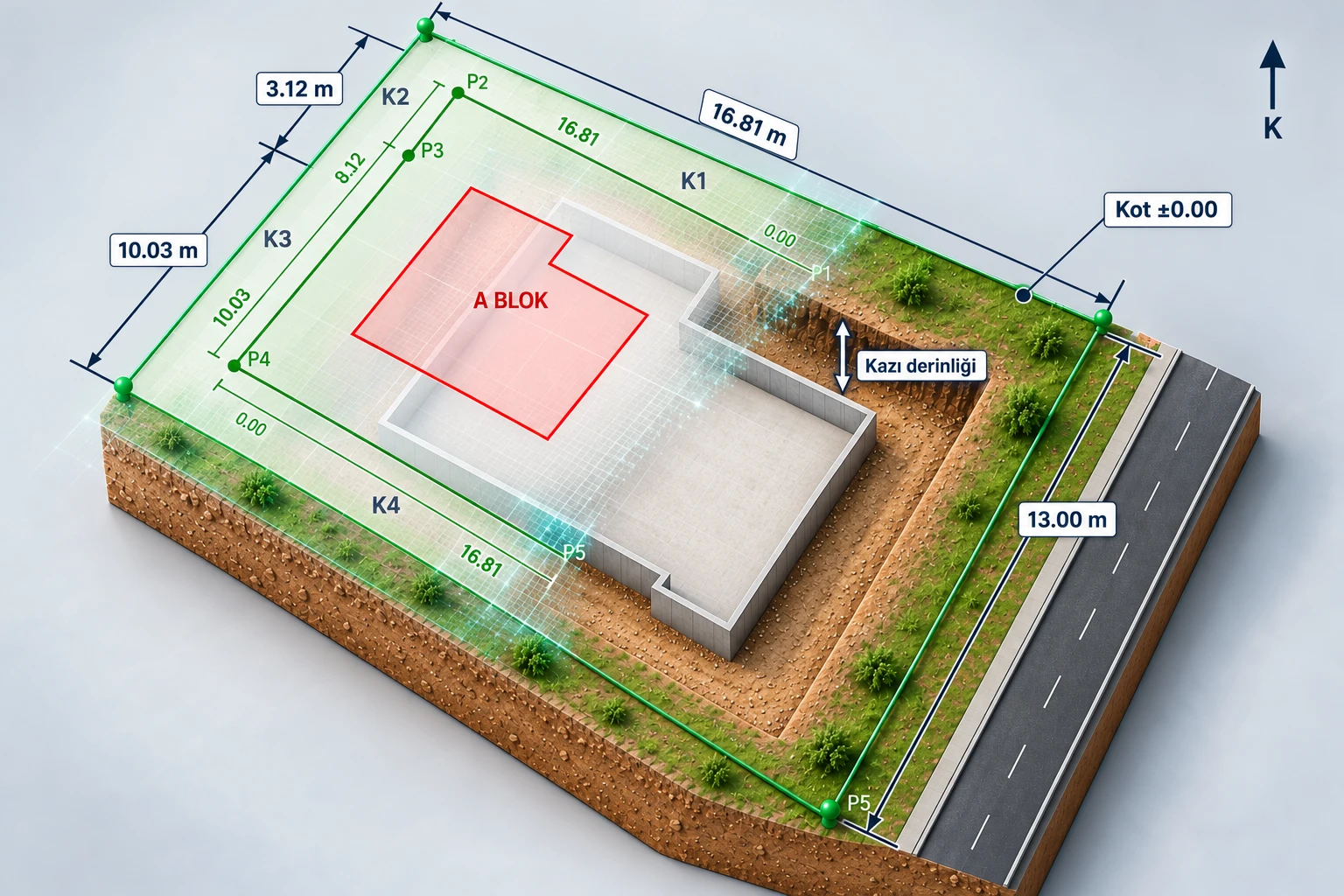Plot, building and excavation pit: plot edges, neighbours, road and excavation depth