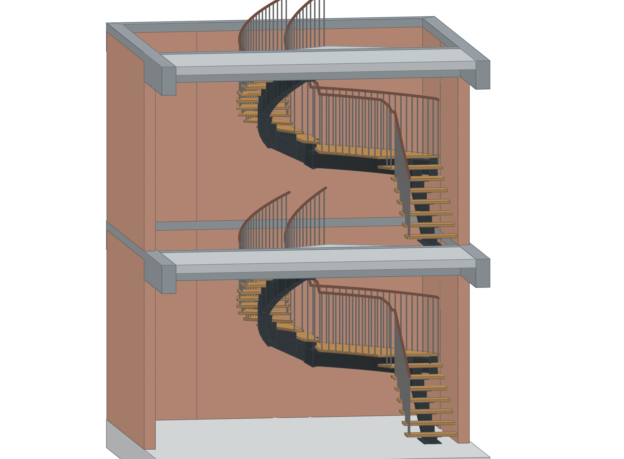 3D view of a two-storey steel stair with walls